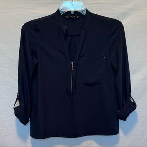 Zara Blouse Top Women’s Sz XS Roll Tab Sleeve Navy Half-Zip Office Career Sheer